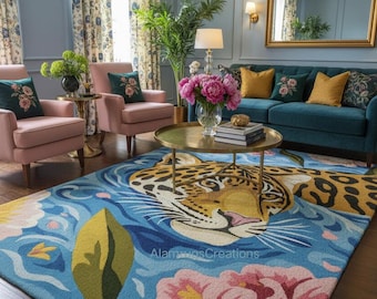 Alfombra de lana de tigre tejida a mano, alfombra floral con motivos de animales, alfombra colorida, sala de estar artística