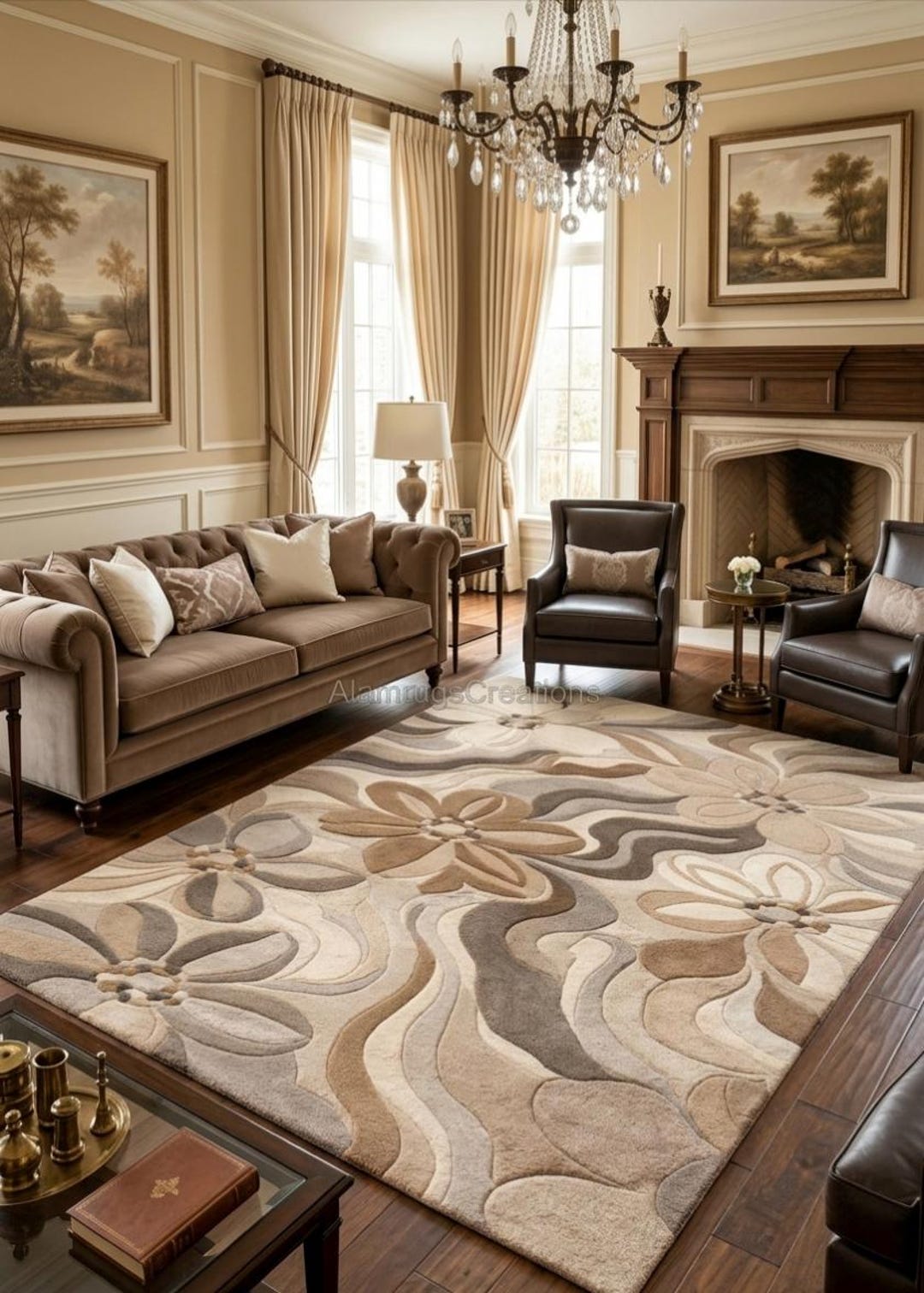 Floral Hand Tufted Rug 8x10 Beige Brown Modern Abstract Flower Area Rug ...