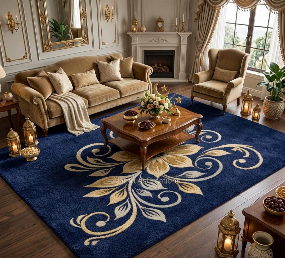 Navy Blue Floral Hand Tufted Wool Rug 8x10 Vintage Living Room Area Rug ...
