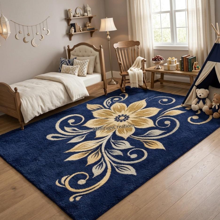 Navy Blue Floral Hand Tufted Wool Rug 8x10 Vintage Living Room Area Rug ...