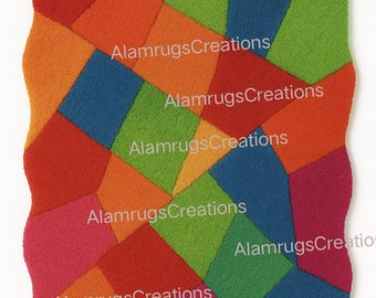 Hand Tufted Wool Rug, Colorful Geometric Abstract Carpet, Modern Patchwork Design Living Room