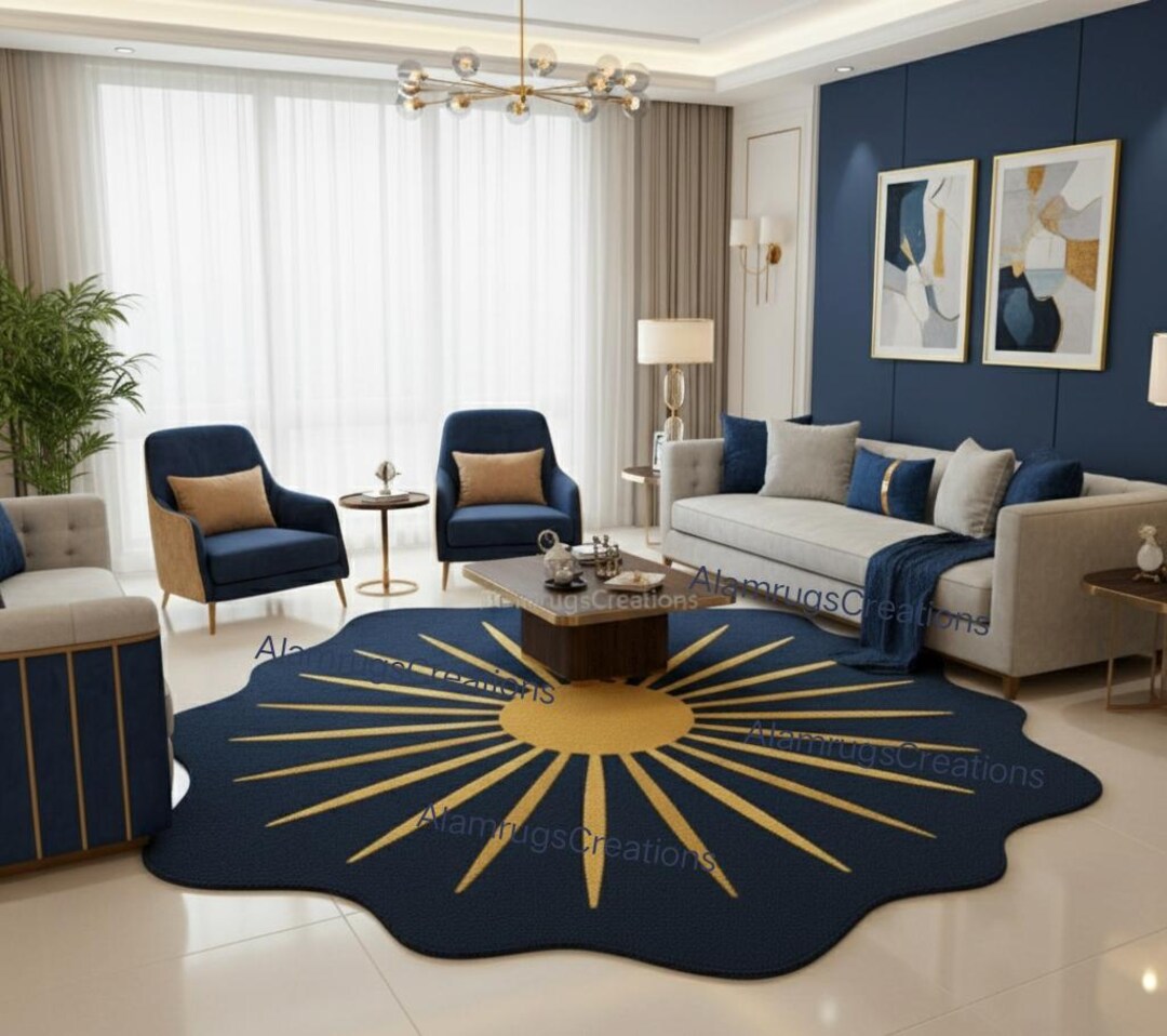 Starburst Rug Gold Navy Blue Gold Starburst Hand Tufted Wool Rug Irregular Modern Luxury ...