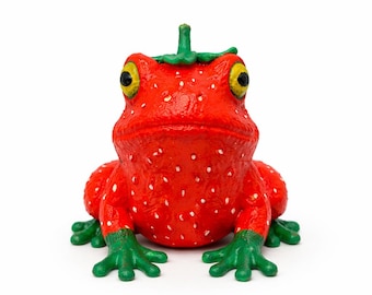 Hand-Painted Strawberry Frog Figurine, Whimsical Desk Decor, Cottagecore Accent