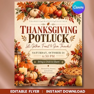 Peut inclure: Un dépliant pour un repas de Thanksgiving avec des feuilles d'automne, des citrouilles, des pommes, des poires et une tarte. Le texte indique : THANKGIVING POTLUCK, Let's Gather, Feast & Give Thanks!, SATURDAY, OCTOBER 24, 6:30 PM.