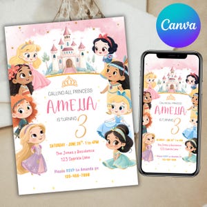 May include: A pink princess-themed birthday invitation featuring cartoon princesses and a castle illustration. The invitation reads "Calling All Princesses, Amelia is turning 3." A smartphone shows the same design.