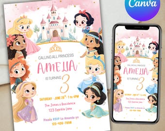 May include: A pink princess-themed birthday invitation with cartoon illustrations of princesses and a castle. The invitation reads "Calling All Princesses, Amelia is turning 3." A smartphone displays the same design.