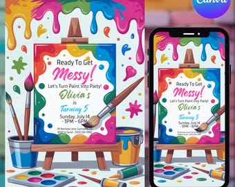 Art Birthday Party Invitation, Editable Canva Template