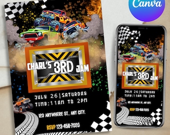 Car birthday invitation, Kids birthday party invite, Digital download Canva Templates