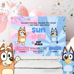 Könnte beinhalten: Eine farbenfrohe Geburtstagseinladung mit Zeichentrickfiguren. Die Einladung enthält die Wörter "Sunday" und "Our Place" mit den Namen "Emma" und "Evan" und dem Text "IS TURNING 7". Die Einladung enthält auch Datum, Uhrzeit und RSVP-Informationen.