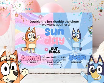 May include: A colorful birthday party invitation featuring cartoon characters. The invitation has the words "Sunday" and "Our Place" with the names "Emma" and "Evan" and the text "IS TURNING 7". The invitation also includes the date, time, and RSVP information.