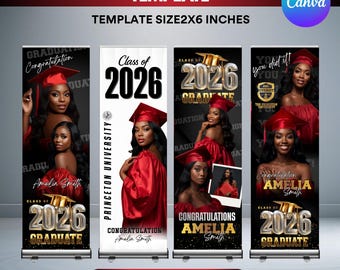 May include: Four graduation banner templates with a black background, featuring a graduate in a red gown and cap. The banners include the text "Class of 2026" and "Congratulations Amelia Smith". The template size is 2x6 inches.
