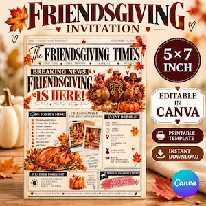 May include: A 5x7 inch Friendsgiving invitation template featuring a newspaper-style layout titled The Friendsgiving Times. The design includes illustrations of three turkeys, autumn leaves, a roasted turkey, and text fields for event details.