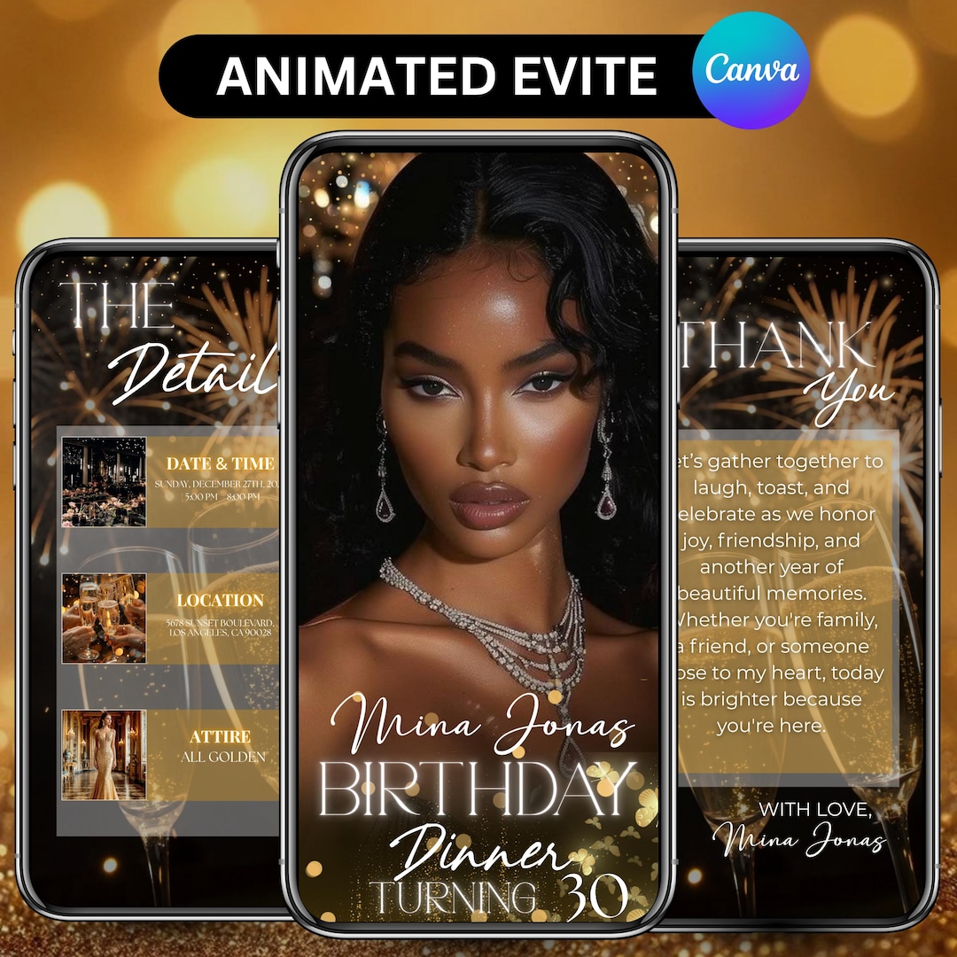 Luxury Gold Birthday Dinner Evite Elegant Women's Digital Invitation