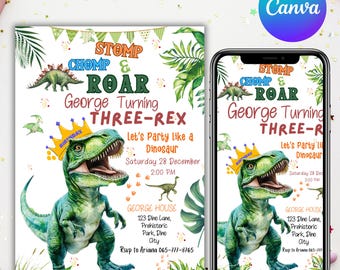 Invitación de cumpleaños de dinosaurios, fiesta de aventuras con T-Rex, plantilla editable de Canva (descarga digital)