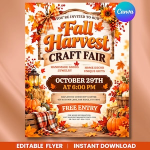 May include: A Fall Harvest Craft Fair flyer featuring orange pumpkins, autumn leaves, a plaid blanket, and a lantern. Text includes: You're invited to our Fall Harvest Craft Fair, October 29th at 6:00 PM, Maplewood Community Center, 456 Autumn Lane.