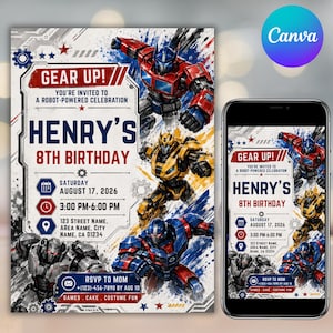 May include: A birthday invitation template featuring three robot characters in red, blue, and yellow. The text reads: GEAR UP! YOU'RE INVITED TO A ROBOT-POWERED CELEBRATION, HENRY'S 8TH BIRTHDAY, SATURDAY AUGUST 17, 2026, 3:00 PM-6:00 PM, 123 STREET NAME.