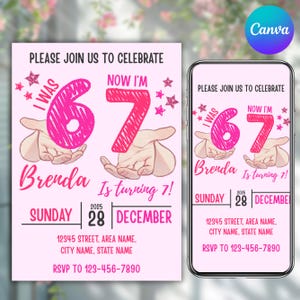 May include: Pink birthday invitation with the text "Please join us to celebrate" and "Now I'm 7". The invitation includes the name "Brenda" and the date "December 28, 2025". The invitation is also shown on a smartphone.