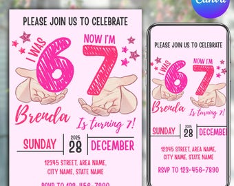 6-7 Birthday Invitation for Girls, Editable Meme Trending Six Seven Party Invite, Girl Birthday, I was 6 now I'm 7 Party Invite DIY in Canva