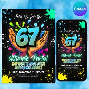 Könnte beinhalten: Digitale Einladung zum 67. Geburtstag. Das Design zeigt die Zahl 67 in Blau und Grün, gehalten von Händen, mit bunten Farbspritzern auf schwarzem Hintergrund. Der Text enthält "Ultimate Party!" und Eventdetails.