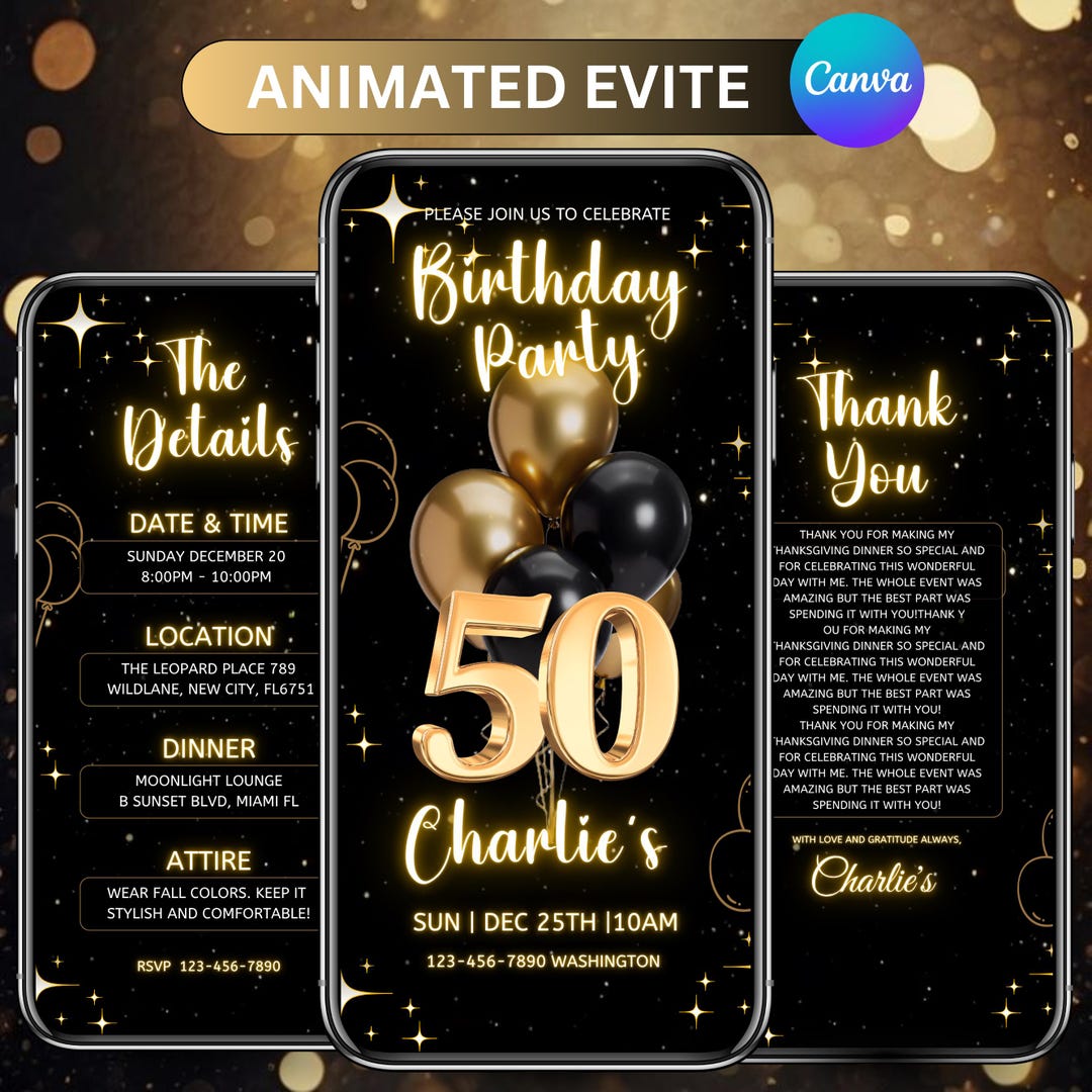 Digital 50th Birthday Party Invitation Video Template, Luxury Black and ...