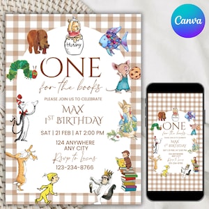 May include: A digital invitation for a first birthday party with a storybook theme. The design features illustrations of beloved children's book characters, the text "ONE for the books", and party details. A smartphone displays the invitation.