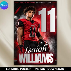 May include: A digital poster featuring a football player in a red and black jersey with the number 11, holding a helmet. The text reads South Varsity Football 2024, 11, Isaiah Williams. The background has red smoke and stadium lighting effects.