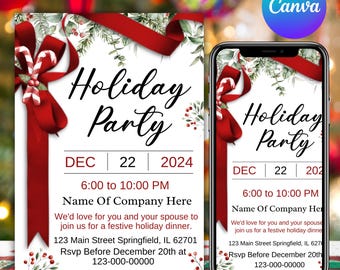 Może przedstawiać: Zaproszenie na świąteczną imprezę z czerwonymi wstążkami i akcentami cukrowych lasek. Zaproszenie zawiera tekst "Holiday Party" oraz szczegóły wydarzenia na 22 grudnia 2024 r., od 18:00 do 22:00. Zaproszenie jest wyświetlane na telefonie i wydrukowanej karcie.