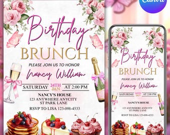 Birthday Brunch Invitation, Pink Pancake, Coquette Party (Editable Canva Template)