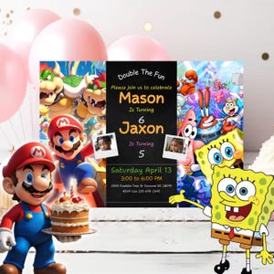SvampBob & Mario födelsedagsinbjudan, tvillingar, syskoninbjudan (redigerbar i Canva)