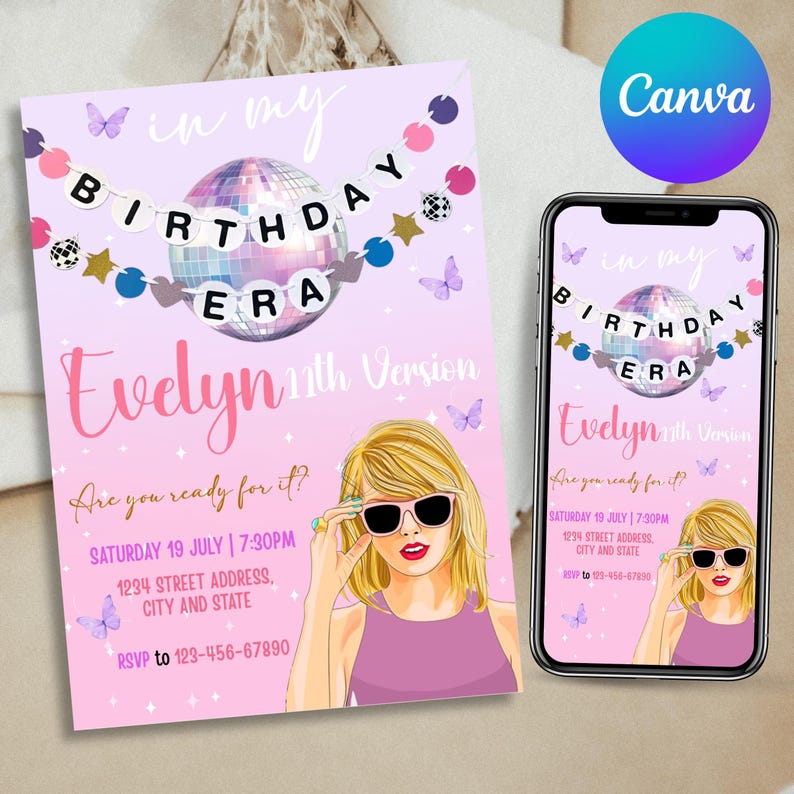 In My Birthday Era, Era Party, Taylor Birthday Invite, Taylor Birthday Decor, TS Birthday Party Invite, Editable Digital Printable
taylor swift birthday invitation, in my birthday era invite, eras tour birthday party, editable canva invitation, swiftie party printable, pop star birthday invite, girls birthday invitation, teen birthday template, digital birthday invite, instant download party
