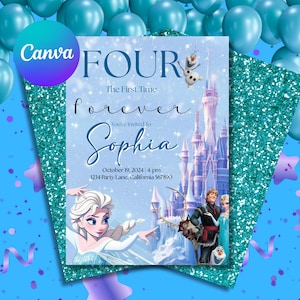 May include: A light blue invitation with the text "FOUR" and "forever". The invitation features Elsa, Anna, Kristoff, Sven, and Olaf from the movie Frozen. The invitation is for Sophia's birthday on October 19, 2024.