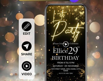 Black Gold Neon Birthday Invitation, Electronic Text Invite (Digital Download)
