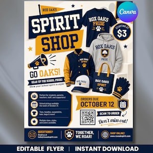 May include: A promotional flyer for Rox Oaks Spirit Shop featuring a navy blue t-shirt, a grey hoodie, a navy and gold varsity jacket, a white baseball cap, a navy tote bag, and navy gloves, all displaying school branding and paw print logos.