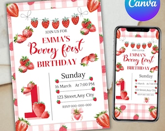 Berry First Birthday Invitation, Strawberry Bow, Editable Canva Template
