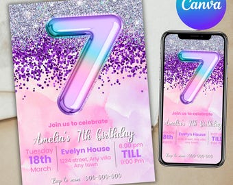7th Birthday Girl Invitation – Rainbow Glitter Sequin Template (Digital Download)