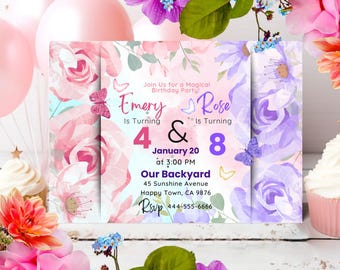 Invitación de cumpleaños para hermanos, fiesta conjunta, editable en Canva