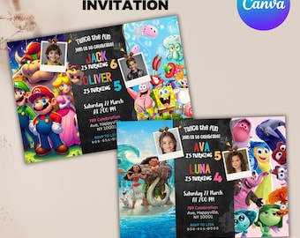 Invitación de cumpleaños editable para gemelos, invitación para niño y niña (Hazlo tú mismo con Canva)