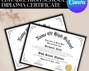 Editable High School Diploma Template, Canva Customizable (Digital Download)