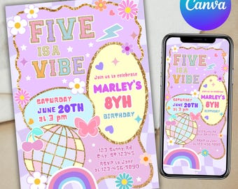 Rainbow Sequin 5th Birthday Invitation, Smiley Retro (Digital Download)