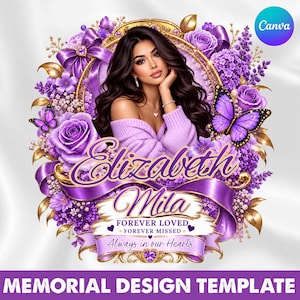 Può includere: Un modello di design commemorativo con l'illustrazione centrale di una persona con lunghi capelli scuri che indossa un maglione color lavanda, circondata da rose viola, fiori di lillà e farfalle. Il testo recita Elizabeth Mila, Forever Loved, Forever Missed, Always in our Hearts, incorniciato da un bordo dorato.