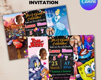 Editable Sibling Birthday Invitation, Double Birthday Invite, Dual Combined Twins, Boy and Girl Double Invite, DIY in Canva Editable