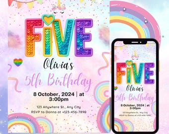 Invitación de cumpleaños número 5 con lentejuelas arcoíris: Plantilla editable de Canva