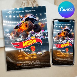 Könnte beinhalten: Eine Geburtstagseinladung mit einem Monster Truck. Die Einladung enthält den Namen "Andrew" und die Zahl "5" mit Details wie Datum, Uhrzeit und Ort. Das Design ist lebendig mit Flammen und einem Stadionhintergrund. Auch auf einem Smartphone.