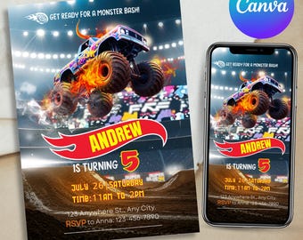 May include: A birthday party invitation featuring a monster truck jumping over a dirt track. The invitation includes the name "Andrew" and the number "5", with event details like the date, time, and location. The design is vibrant with flames and a stadium background.