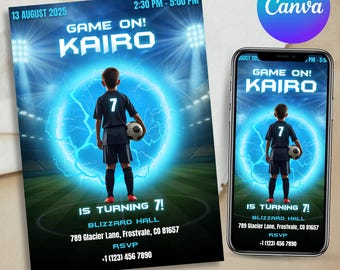 Invitación de cumpleaños de fútbol editable, Evite de fútbol (plantilla de Canva, descarga digital)