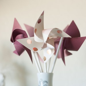 Rose Gold Wedding favor, Rose Gold Birthday Wedding Favors, Rose Gold Party Decorations 12 SPINNING Mini Pinwheels Custom orders welcomed image 1