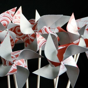 Send a Gift, Escort Card Pinwheels Red and Silver Pinwheels 12 Mini Modern Love Custom orders welcomed image 1