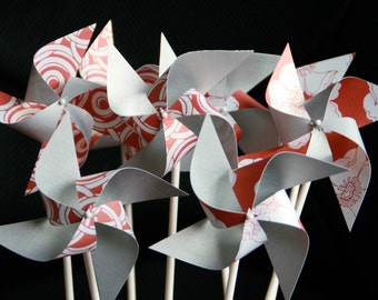 Send a Gift, Escort Card Pinwheels Red and Silver Pinwheels 12 Mini Modern Love (Custom orders welcomed)