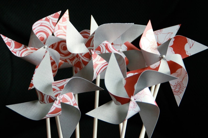 Send a Gift, Escort Card Pinwheels Red and Silver Pinwheels 12 Mini Modern Love Custom orders welcomed image 1