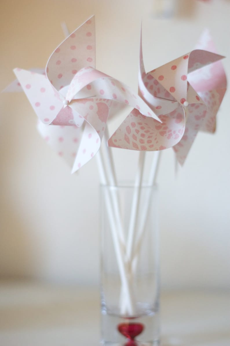 12 Mini Pinwheels Custom orders welcomed Pink Lemonade Wedding favor Birthday favor Pale Pink and White
